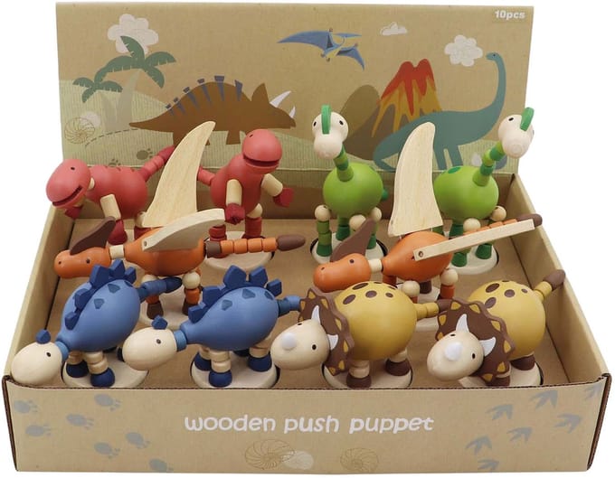 Playwood houten speelgoed drukpop dinosaurus kleurrijk.