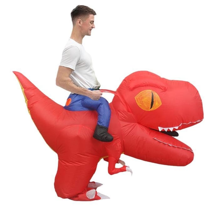 Opblaasbaar kostuum dinosaurus met groot hoofd, voor volwassenen 150-190cm rood