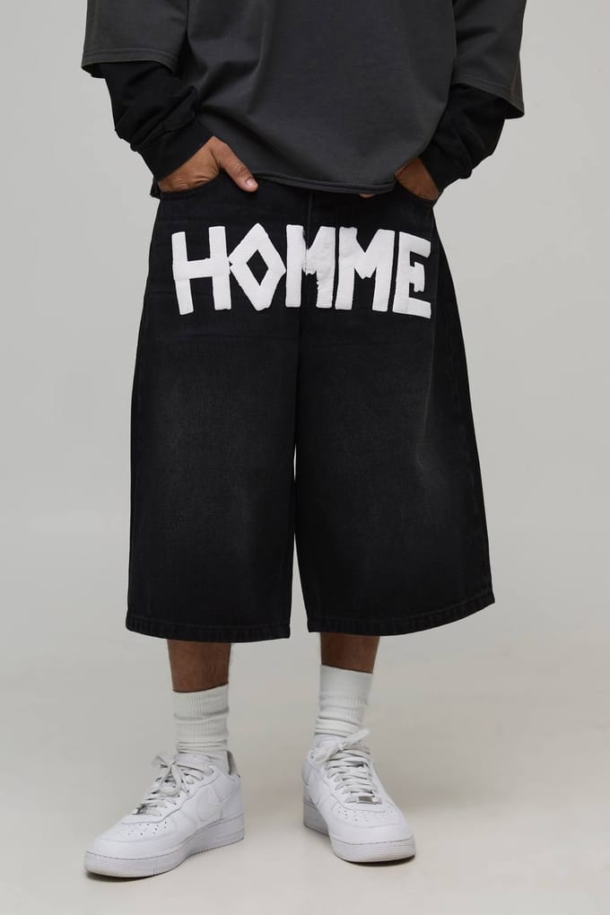 Tape Effect Crotch Print Longline Denim Jorts | Washed Black | Size 48