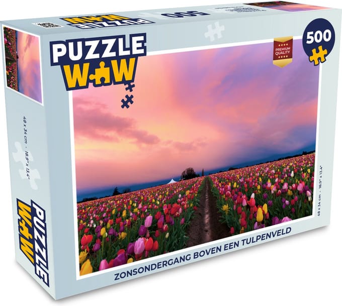 Puzzel Zonsondergang boven een tulpenveld - Legpuzzel - Puzzel 500 stukjes
