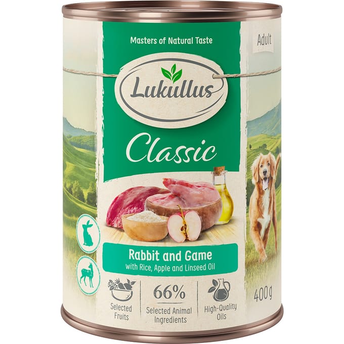Lukullus Probeerpakket 6 x 400 g / 800 g + 12 x 5 cm Kauwbotten Hondenvoer - Konijn & Wild 6 x 400 g