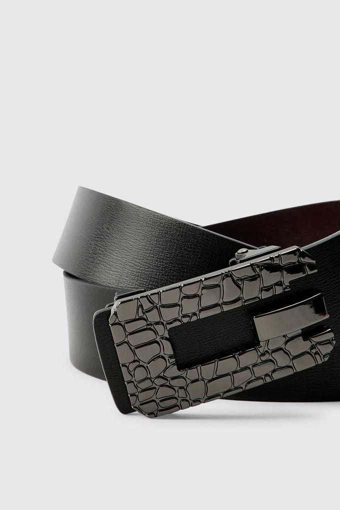 PU Belt with Textured Buckle | Black | Size Medium/Large