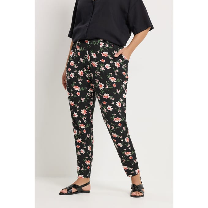 Yours Zwarte Harembroek Met Bloemenprint En Dubbele Plooien Size 44