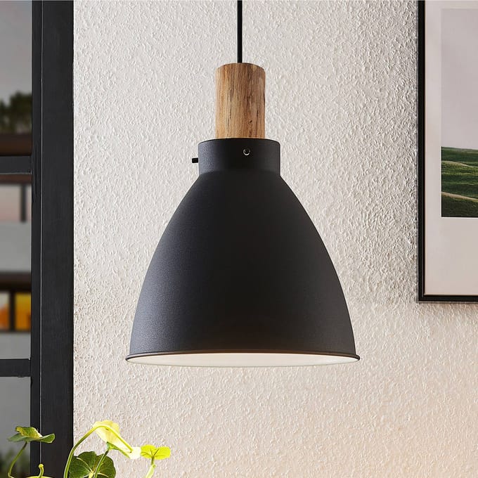 Lindby - hanglamp - 1licht - IJzer, eucalyptushout - H: 28 cm - E27 - zwart, licht hout