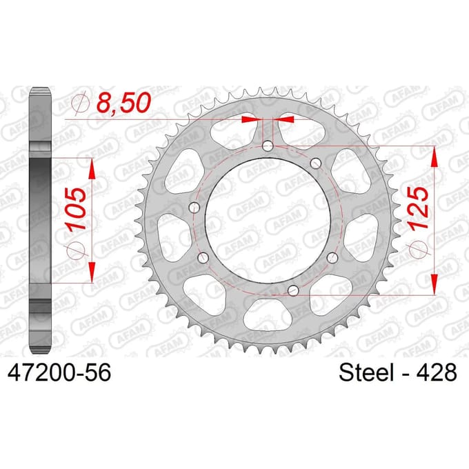 Stalen motortandwiel achteraan Afam 428 56 dents