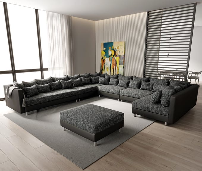 Bank Clovis XXL zwart met hocker Ottomaans links woonlandschap module bank