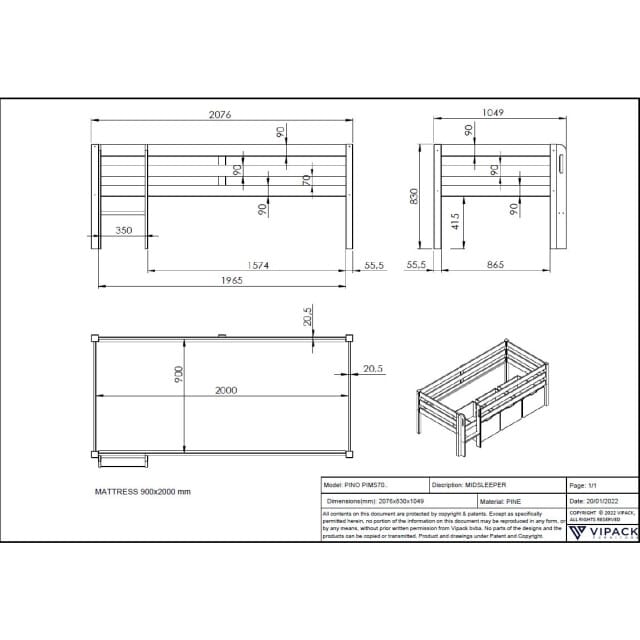 LUCEVI - Pino Halfhoogslaper met Ladder 90x200cm - Wit - H85CM