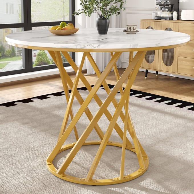 REDOM Eettafel 80*80*76cm van MDF en metaal, rond ontwerp, goud-witte afwerking, verstelbare poten voor stabiliteit