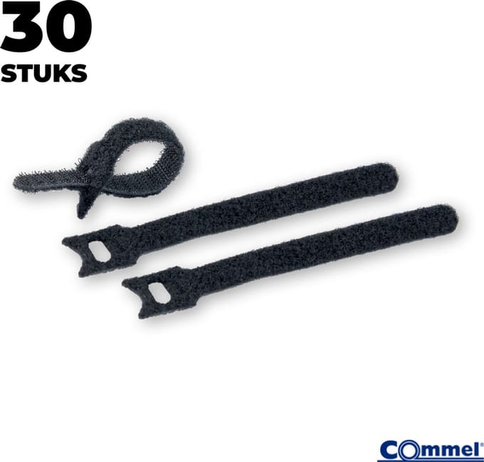 30x Commel Klittenband Kabelbinders (Hersluitbaar) - 210 x 16 mm - Zwart - Nylon - Treksterkte 8kg