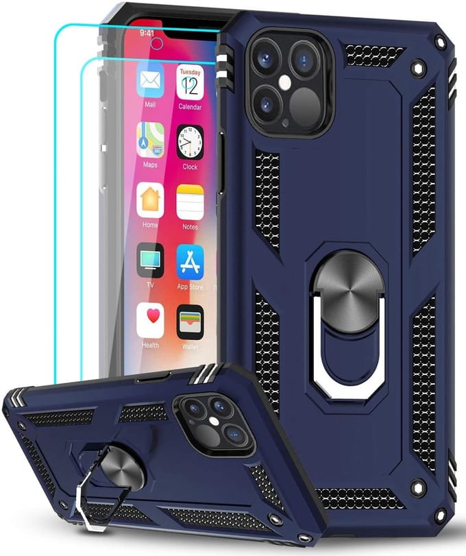 Hoesje Geschikt voor iPhone 12/12 Pro hoesje - Hardcase - Tough armor ring Blauw + 2 stuks screenprotector