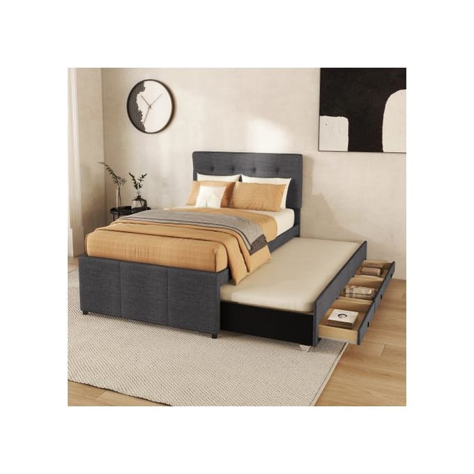 Uitschuifbaar bed - MUVOE - 90x200cm - Verstelbaar hoofdbord - 3 opberglades - Grijs grijs