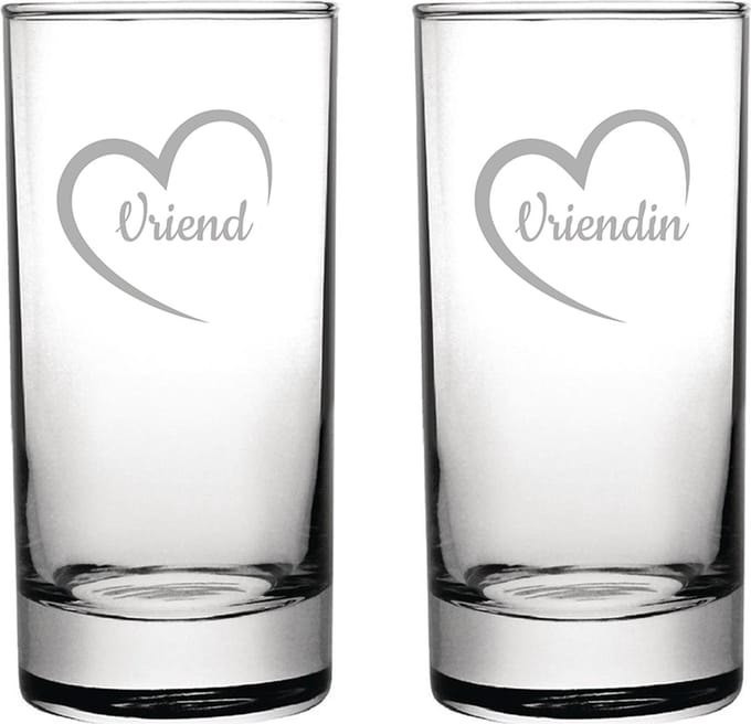 Gegraveerde Longdrinkglas 28,5cl Vriend met hartje & Vriendin met hartje