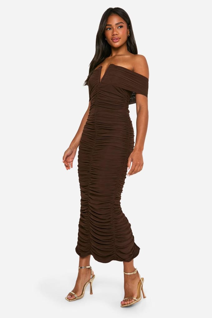 boohoo Dames Premium Power Mesh Gestructureerde Midaxi Jurk | Chocoladebruin | Maat: 40
