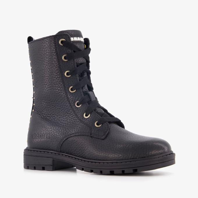 Braqeez leren meisjes veterboots zwart - Maat 29 - Uitneembare zool