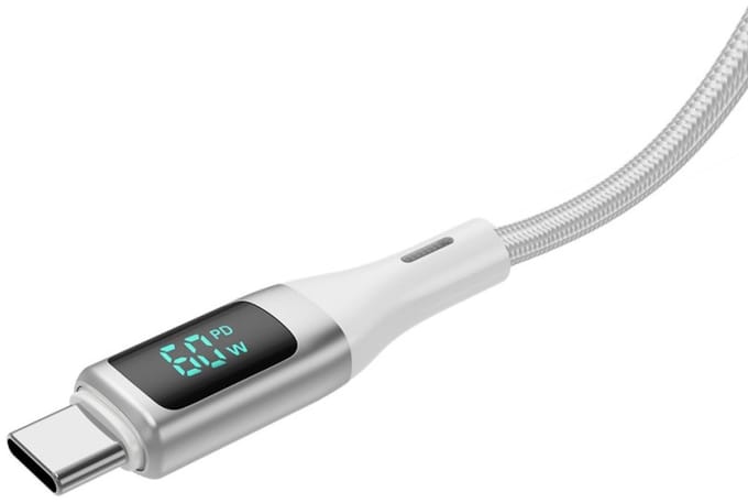 Rixus - Gevlochten USB-C naar USB-C Kabel Met LED Display 1m - Wit