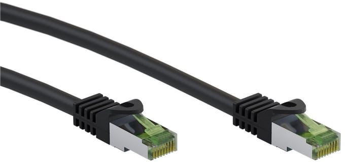 Goobay RJ45 netwerkkabel met CAT 8.1 S/FTP ruwe kabel, AWG 26, zwart, koperen geleider, LSZH halogeenvrije kabelmantel, RJ45-connector (CAT 6A) (7,5 m)