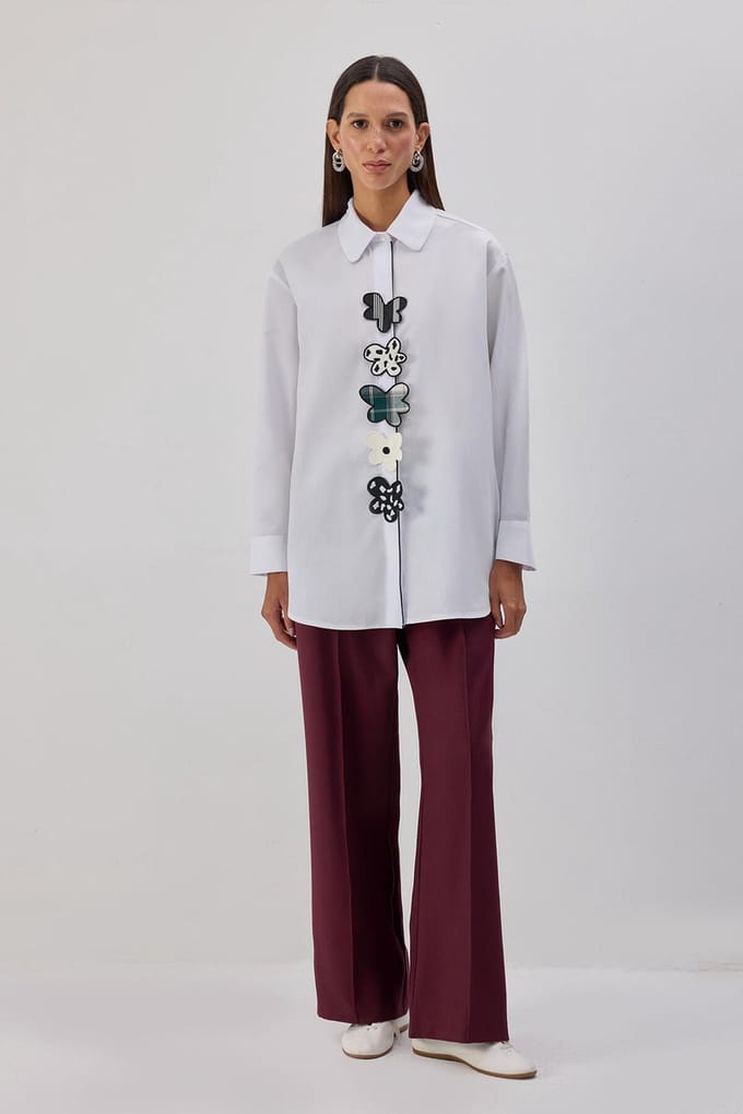 Touché Privé - Poplin blouse met bloemenapplicatie - Wit - Dames