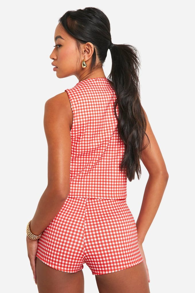 boohoo Dames Bengaline Gingham Tie Front Weste | Rood | Maat: 42