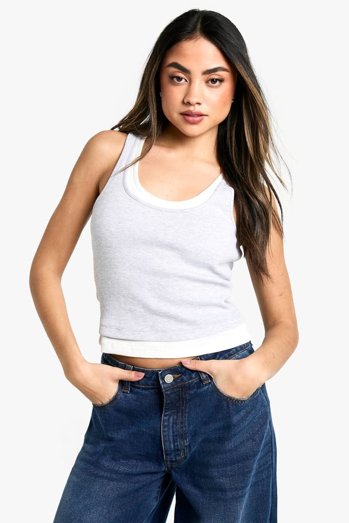 boohoo Dames 2 In1 Dubbel-Lagige Geribbelde Top | White | Maat: 14