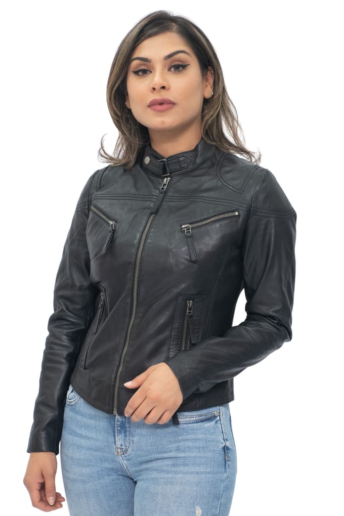 Casual slim-fit leren bikerjack voor dames, Tulsa