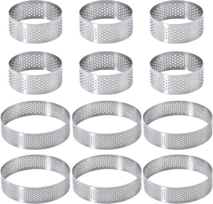 Set van 12 perforated dessertringen voor mousse, taarten, mini pizza's en muffins van roestvrij staal