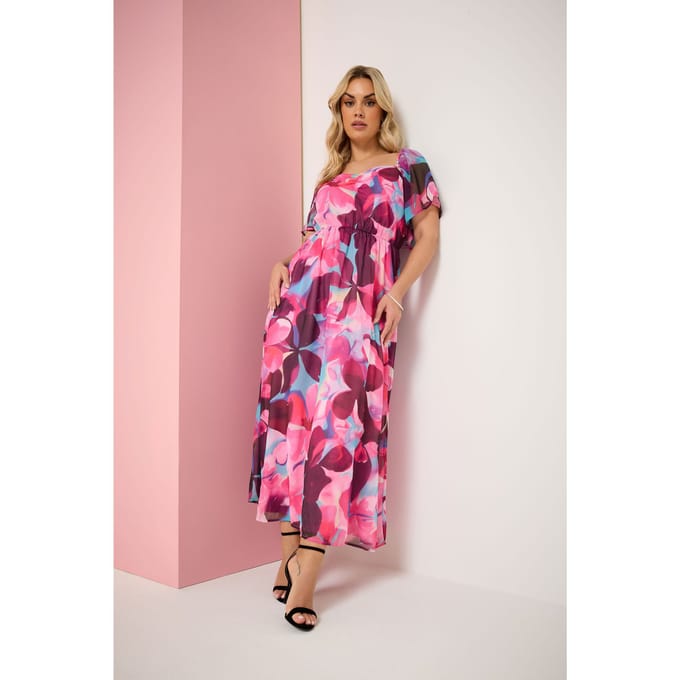 Yours Roze Jurk Met Bloemenprint En Engelenmouwen Size 48
