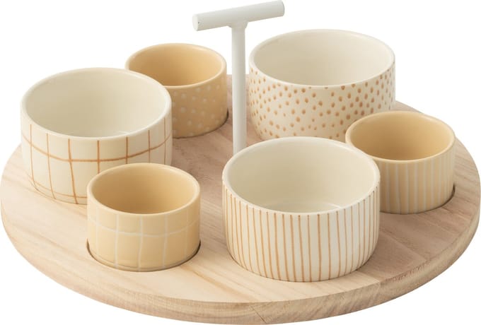 J-Line tapasplank 6 kommen + bambouschaal In Doos - keramiek/hout - wit/creme