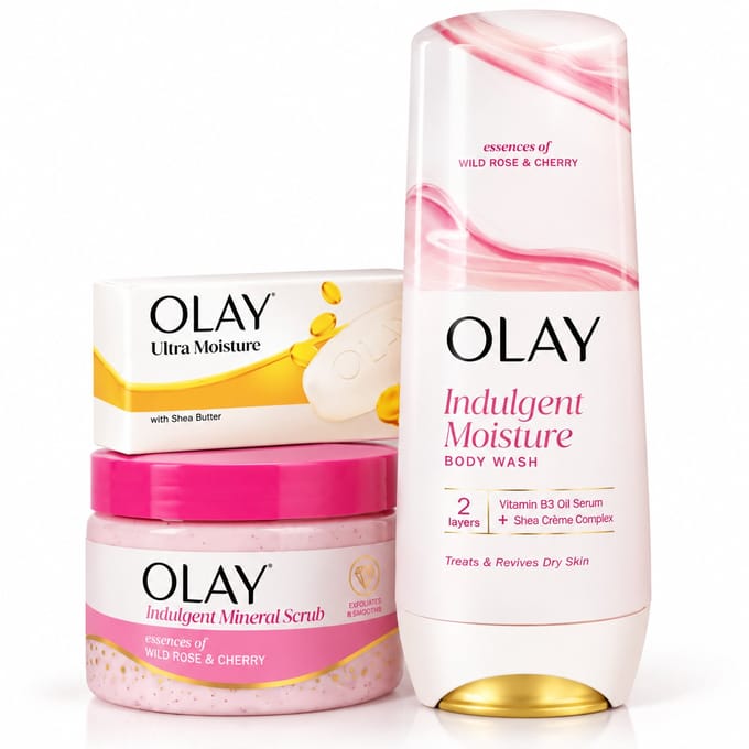 Olay Let It Glow Gift Pack - Huidverzorging geschenkset - Bodyscrub - Zeeptablet - Douchemiddel