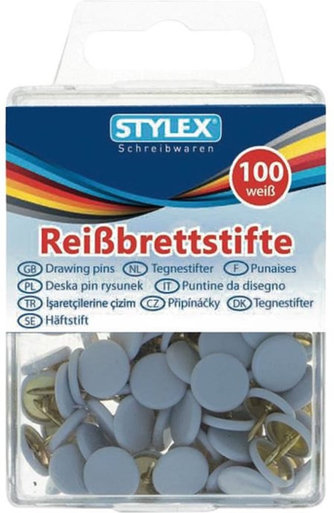 Stylex Prikbord punaises - 100x st - wit - platte kop - metaal - kantoor artikelen