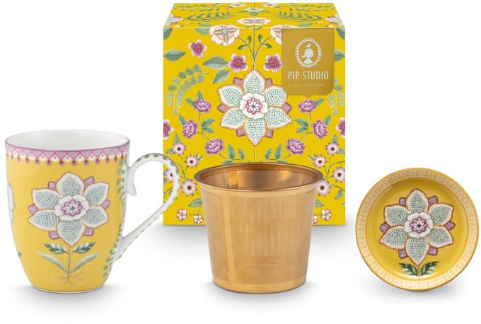 Pip Studio Theemok Set - Lily&Lotus - Mok met Theetip en Theezeef - Geel - 365ml