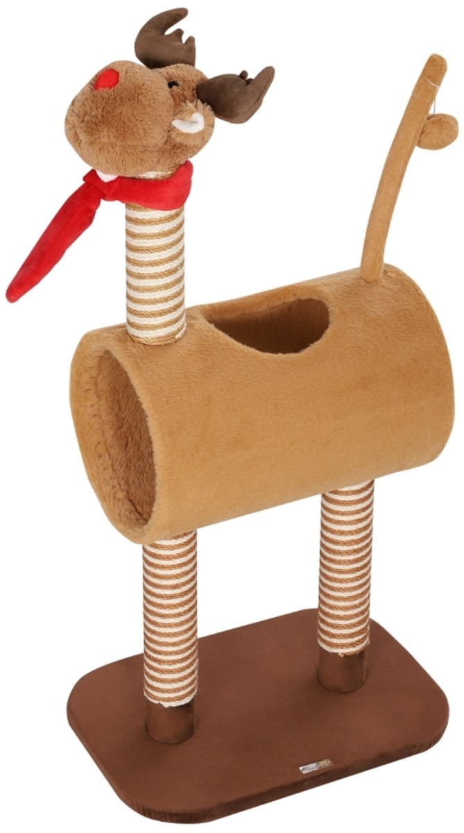 MODFU Krabpaal 98 cm van pluche en MDF, hertdesign met tunnel en speelbal, compact krabmeubel bruin