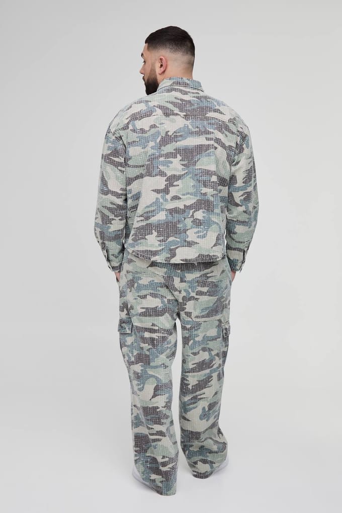 Plus Textuurrijk Camouflage Cargo Denim Overhemd | Khaki | Size 2XL