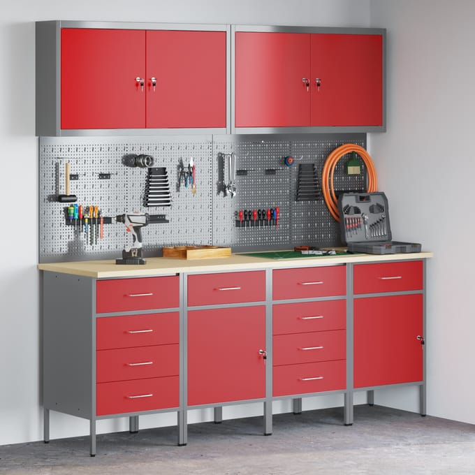 vidaXL - Werk - Cabinet - met - lade - 10 - st - Rood - Engineered - hout - en - staal