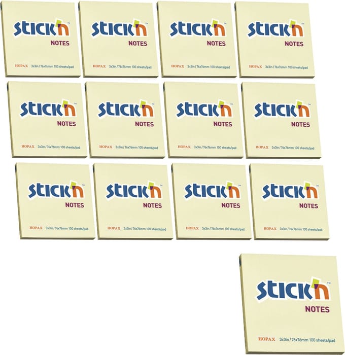 Stick'n sticky notes - 12-Pack - 76x76mm - pastel geel - 100 memoblaadjes per blok