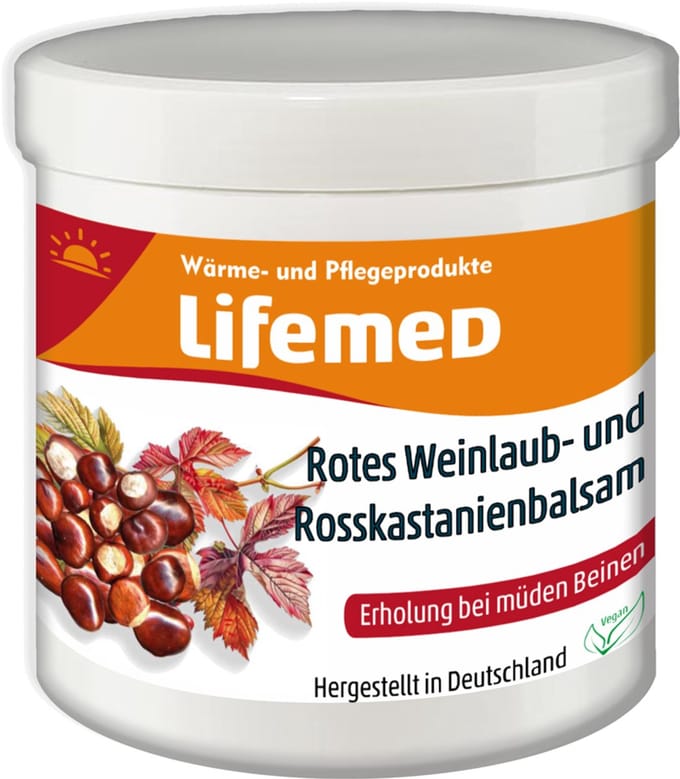 Levensmiddel rode wijngaardbladeren-/paardenkastanje-balsem, pot van 250 ml.
