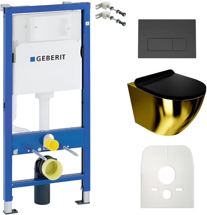 Lavita Duofix Basic inbouwframe + wand diepspoel WC Sofi Slim goud/zwart randloos + WC Sitz + bedieningsplaat Delta 25 zwarte bedieningsplaat