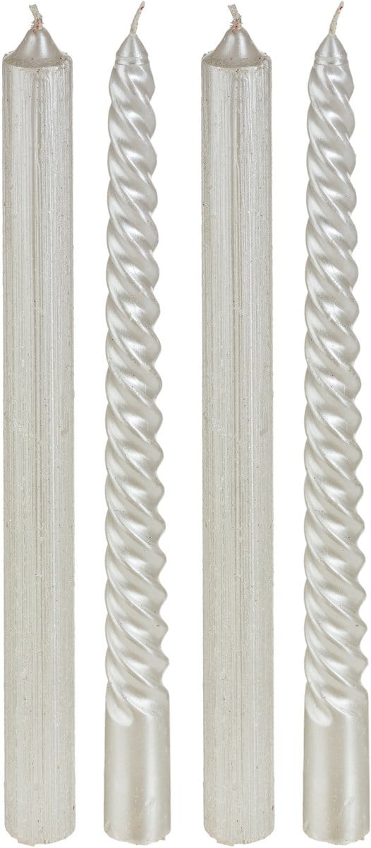 JJA - 4 witte gedraaide kaarsen met glitters, 25 cm