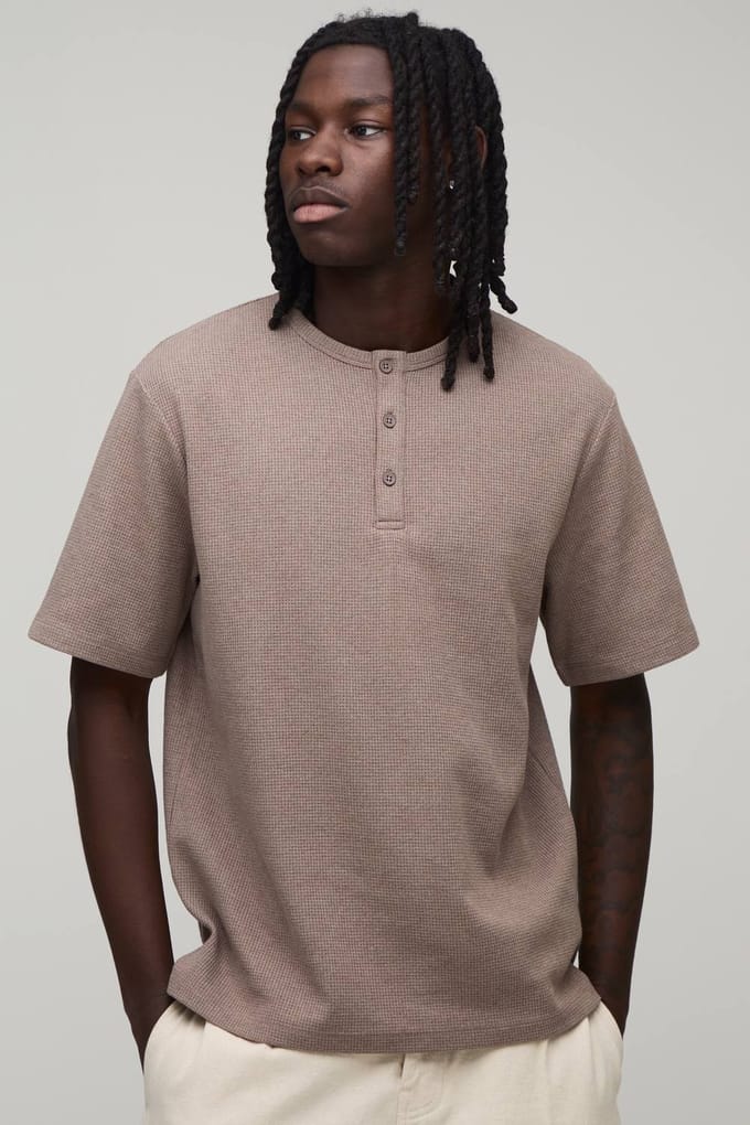 Regular Fit Waffle Henley T-Shirt | Taupe | Size Medium