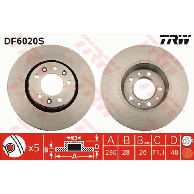 Remschijf TRW DF6020S voorkant, geventileerd, 1 Stuk