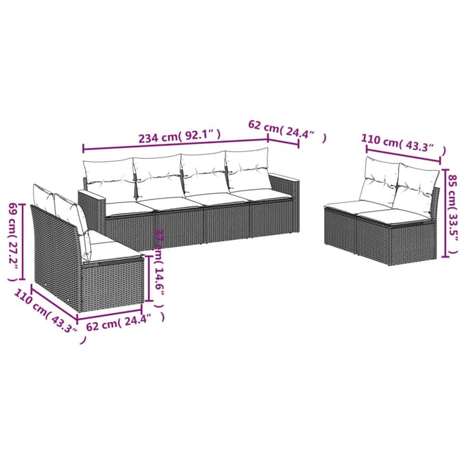 vidaXL - 8-delige - Loungeset - met - kussens - poly - rattan - zwart