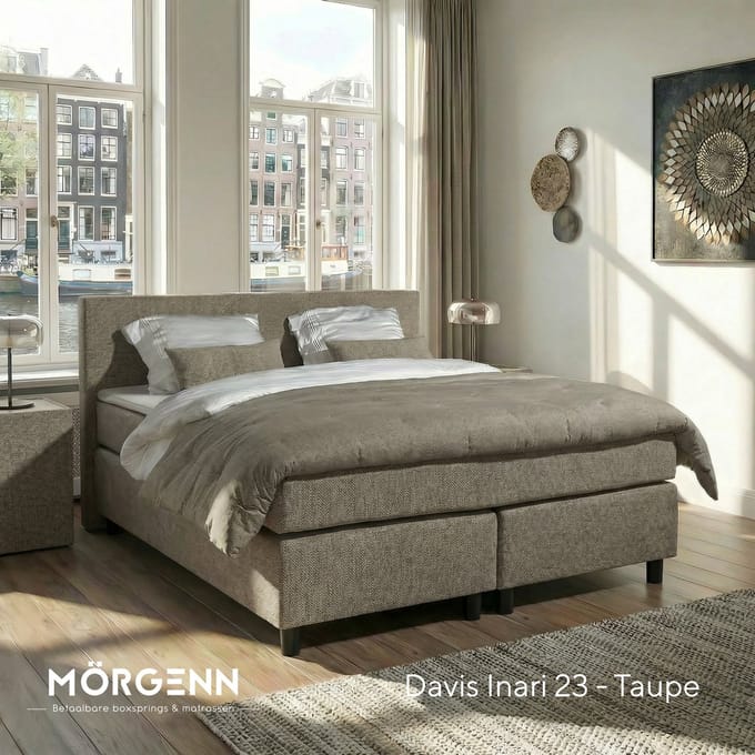 Mörgenn Boxspring Amsterdam - Pocketvering - Taupe - 140x200 cm - Inclusief Dekbed en Kussens