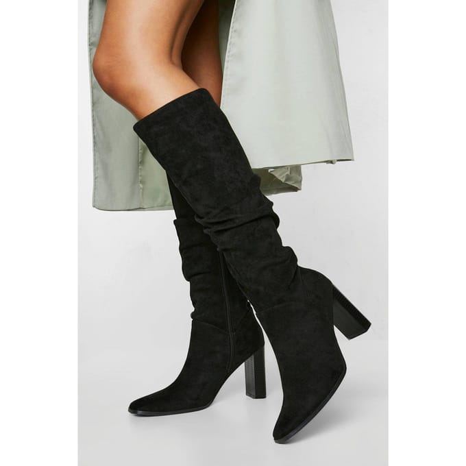 boohoo Dames Faux Suede Ruched Block Heel Knee High Boot | Black | Maat: 7