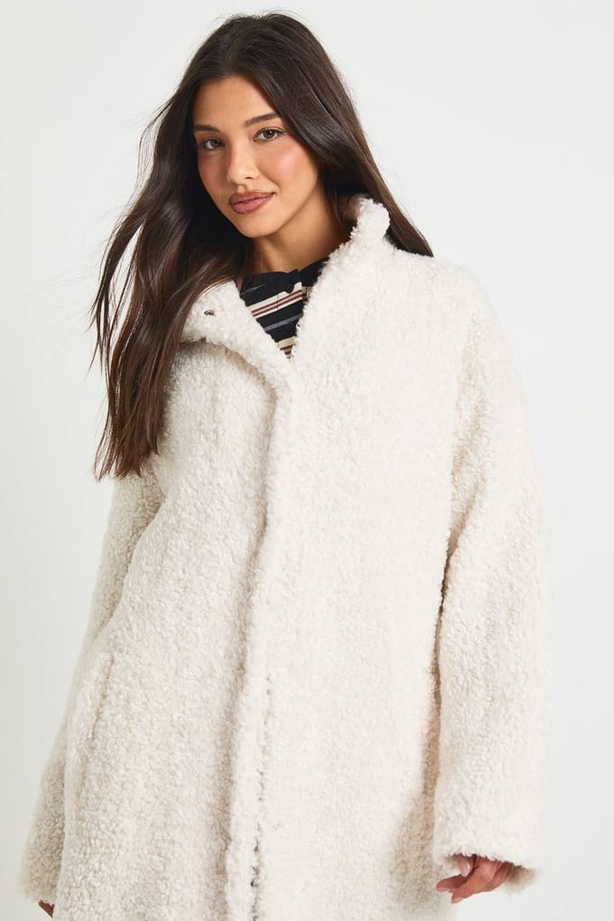 boohoo Dames Longline Teddy Bontjas | Ecru | Maat: 14