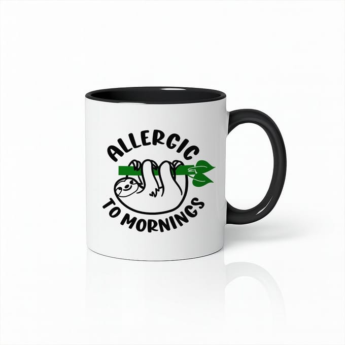 Grappige “Allergic to Mornings” Wit-Zwarte Mok 330ml – Leuke Luiaard Koffiebeker