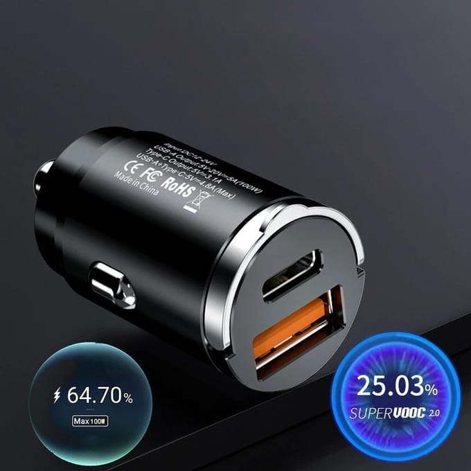 Mini chargeur de voiture USB 100W PD, charge rapide pour téléphone de voiture noir