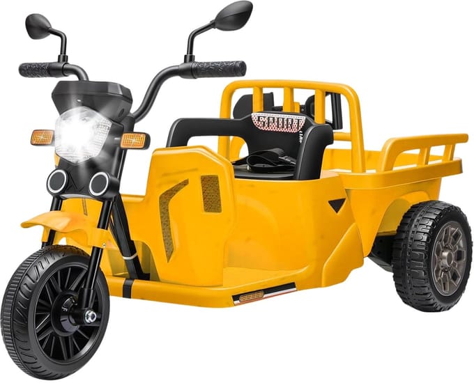 Danky Motor - Elektrische Kindermotor 12V - Geel - Aanhanger & Schep - Bluetooth & LED - 3-6j