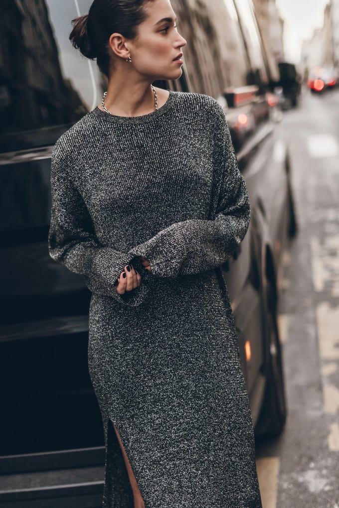 Mikuta The Silver Sparkly Loose Longsleeve Dress Größe: S | Maxikleider Outlet | Damen | Grau