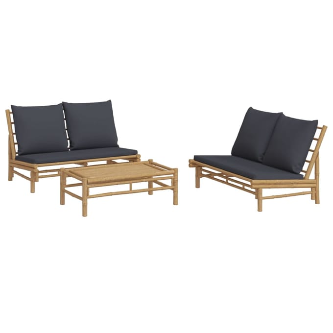 vidaXL - 3-delige - Loungeset - met - kussens - bamboe - donkergrijs