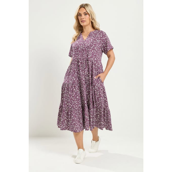 Yours Paarse Jurk Met Bloemenprint En Gelaagde Rok Size 54-56