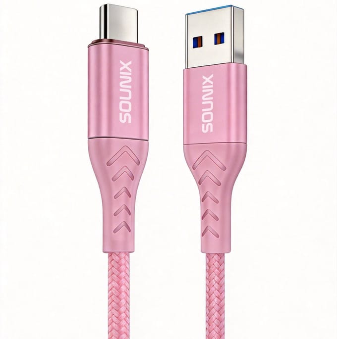 Sounix USB C kabel - USB 3.2 naar USB C - 3A60W Snellader - 10Gbps datakabel - 2 Meter - Geschikt voor smartphone en laptop - Nylon - Roze
